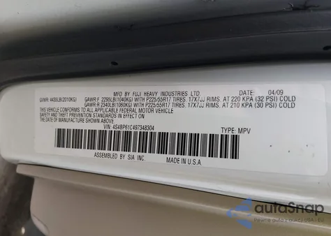 2009 Subaru Outback 2.5I from USA, damaged, VIN 4S4BP61C497348304